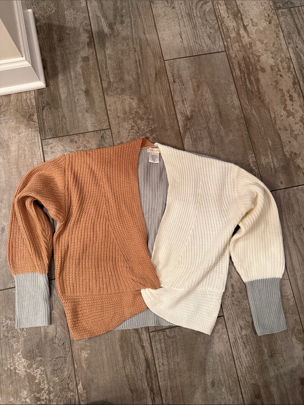 Main Strip Two-Tone Wrap Rib-Knit Cardigan - Cream & Tan